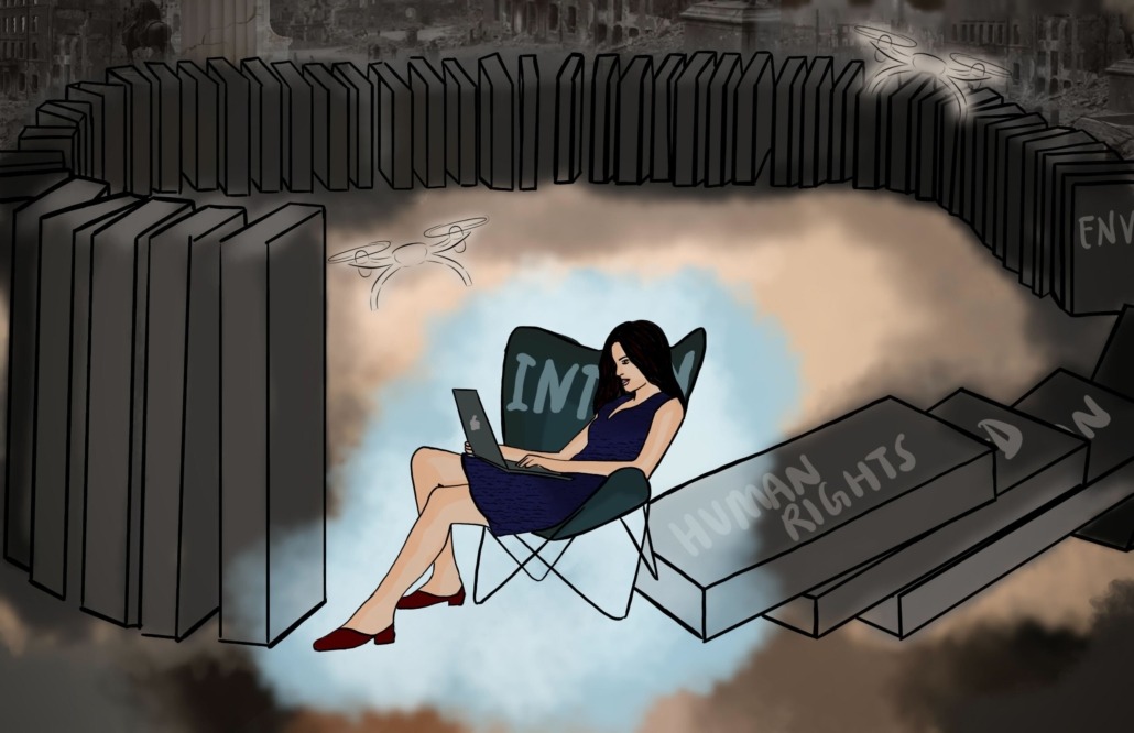 Woman sitting on chair with a laptop with dominoes of ethics falling.