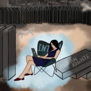 Woman sitting on chair with a laptop with dominoes of ethics falling.