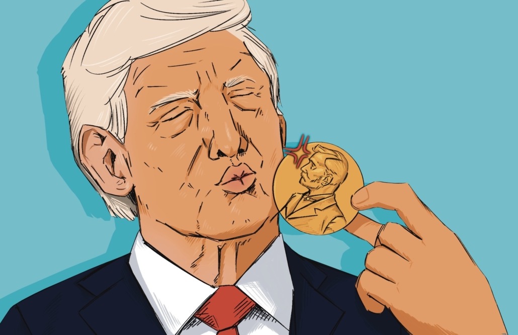 Art of President Trump kissing the Nobel Peace Prize
