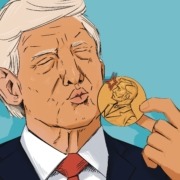 Art of President Trump kissing the Nobel Peace Prize