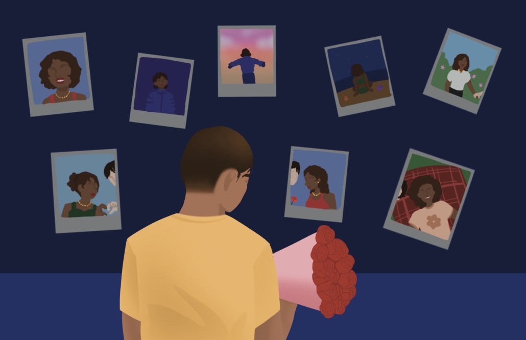 Man holding flowers looking at images of girl.