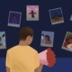 Man holding flowers looking at images of girl.