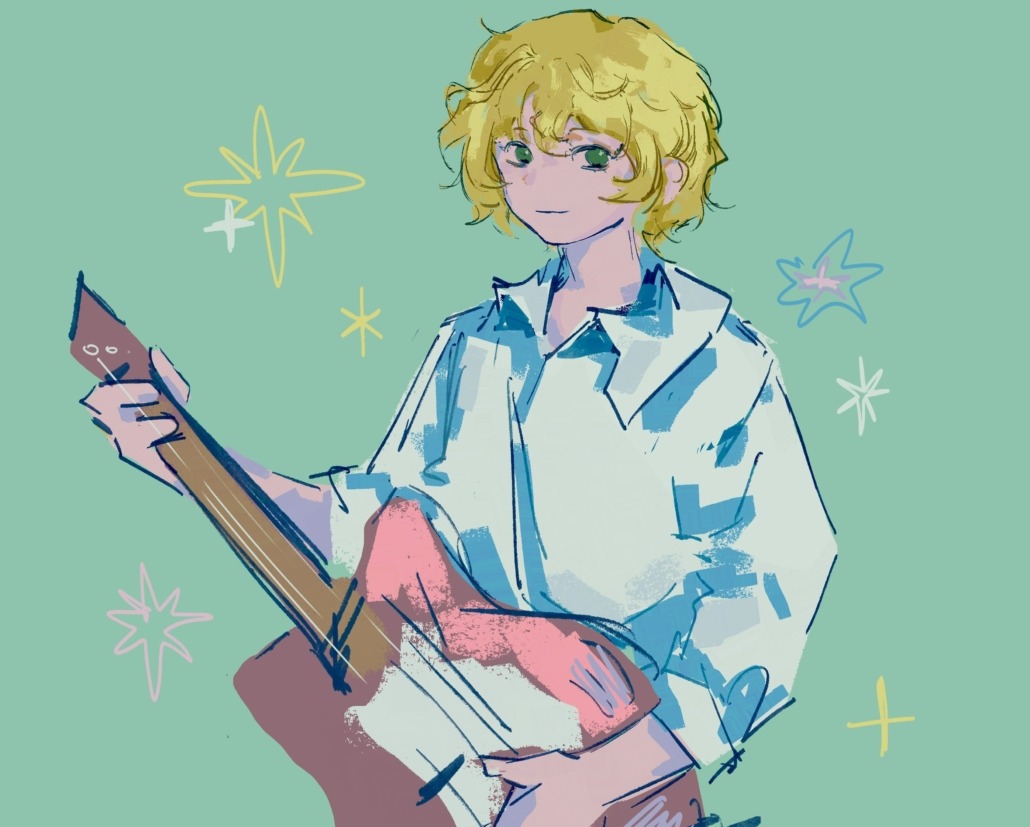 A guitarist with stars and sparkles around them