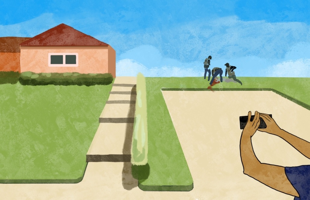 Art of ICE violently seizing person next to their own home while a bystander records.