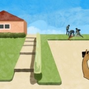 Art of ICE violently seizing person next to their own home while a bystander records.