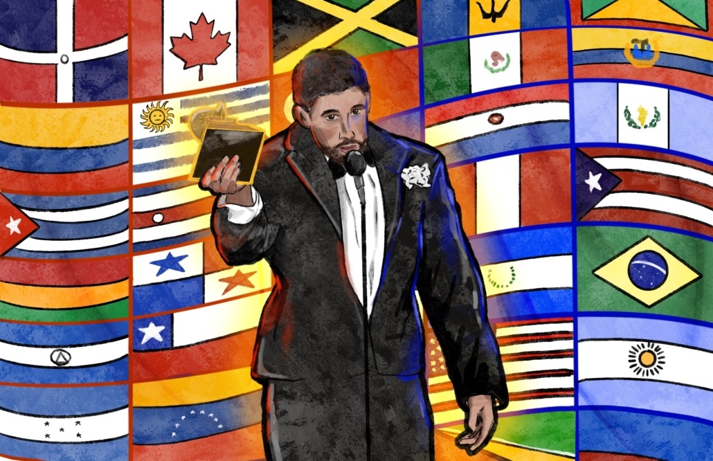 Art_by_PırılZadil (1) A drawing of Bad Bunny holding a Grammy statue in front of a wall of flags of the Americas