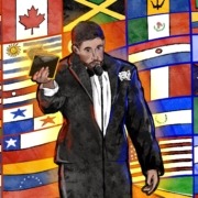 A drawing of Bad Bunny holding a Grammy statue in front of a wall of flags of the Americas