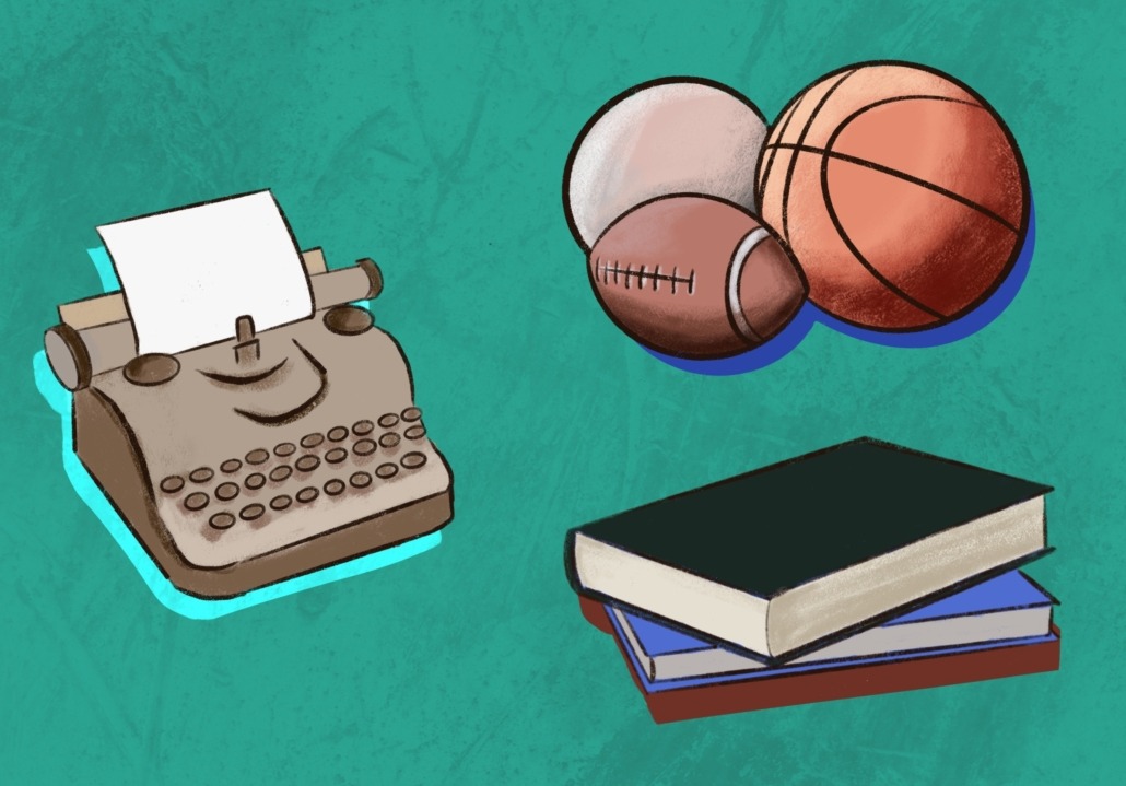 a football, a basketball, and a dodgeball with a stack of books and a typewriter on a green background