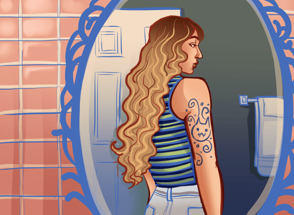 Woman looking at tattoo on arm in the mirror.