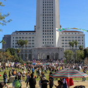 Thousands of people gather around Los Angeles City Hall.