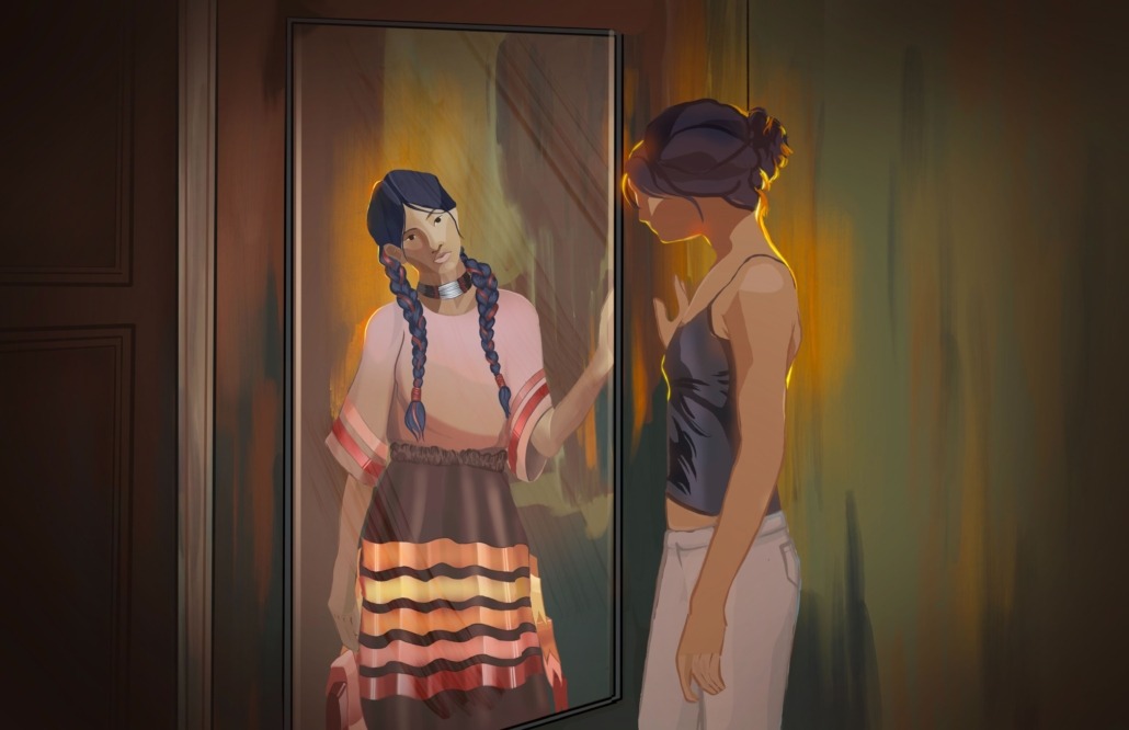 A woman looking in the mirror, seeing herself in Indigenous attire