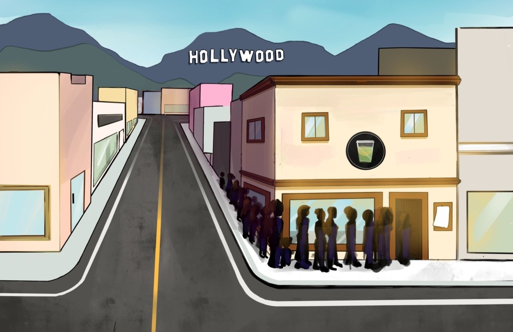 Customers in line outside for matcha store near Hollywood sign.