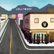 Customers in line outside for matcha store near Hollywood sign.