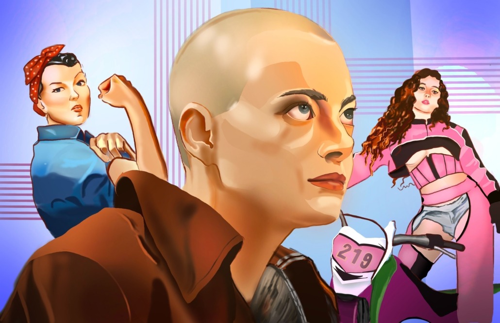 An artwork depicting Rosie the Riveter and Emma Stone in the film "Bugonia"