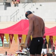 A USC swimmer gets ready to start a race