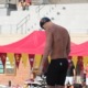 A USC swimmer gets ready to start a race