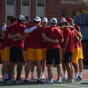 USC men's tennis huddles before a match