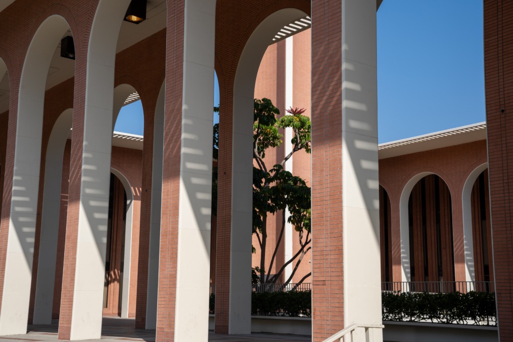 The arches of the Dr. Joseph Medicine Crow Center for International and Public Affairs building.