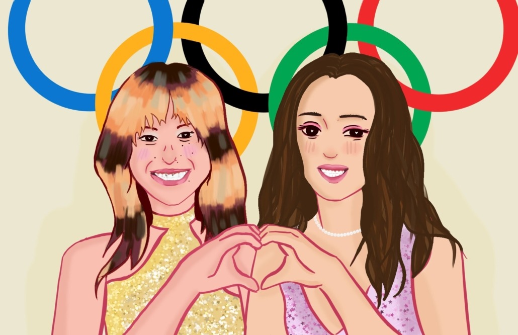 Art of Olympic gold-medalist figure skater Alysa Liu and singer Laufey joining their hands in a heart.