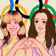 Art of Olympic gold-medalist figure skater Alysa Liu and singer Laufey joining their hands in a heart.