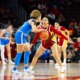 USC guard Kennedy Smith guarding UCLA guard Kiki Rice.