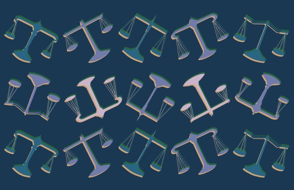Navy background with Scales of Justice symbol scattered across