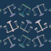 Navy background with Scales of Justice symbol scattered across