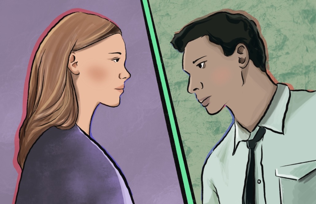 A professional-looking man and woman look at each other across a divide.