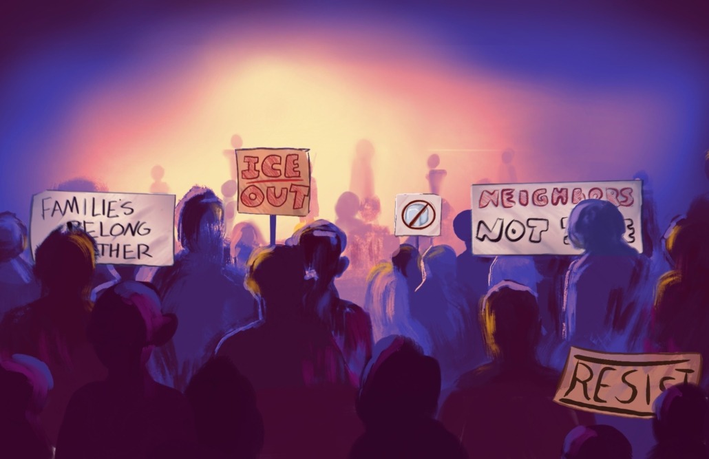 Image depicting crowd protesting ICE