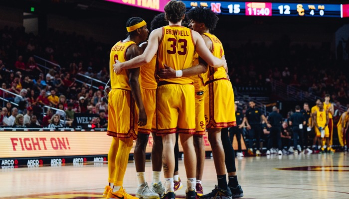 The team huddles after a play.