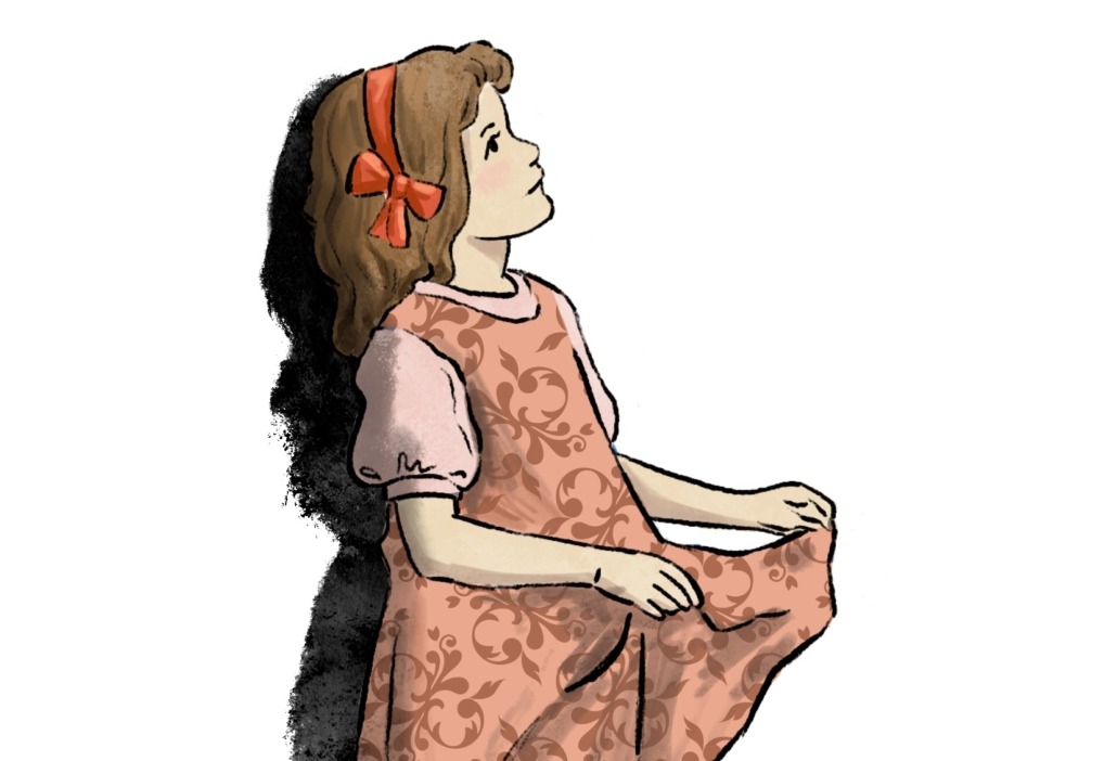 Art of a young girl wearing a red headband and a pink dress, holding her skirt.