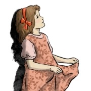 Art of a young girl wearing a red headband and a pink dress, holding her skirt.