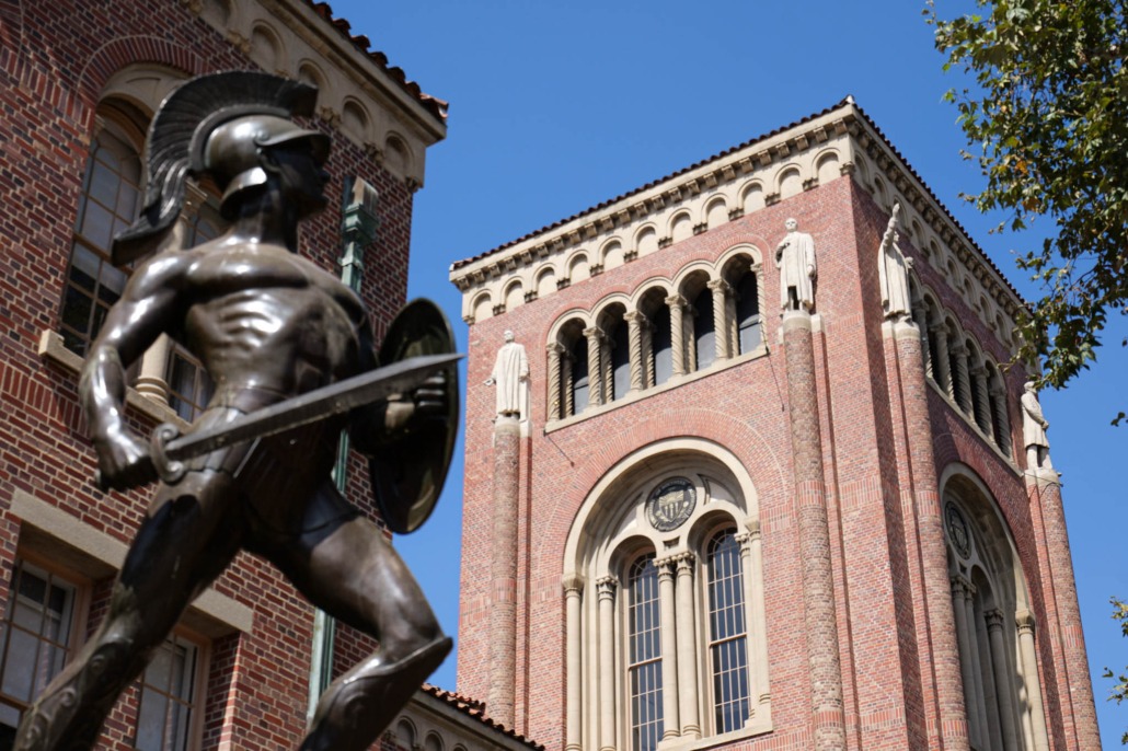 Trojan statue in front of Bovard Auditorium.