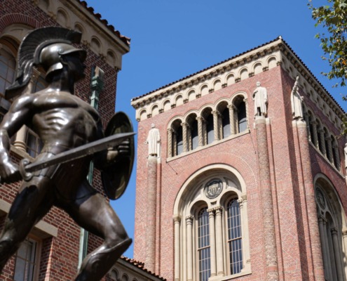 Trojan statue in front of Bovard Auditorium.