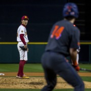 Junior pitcher Mason Edwards prepares to toss a pitch on March 6.