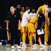 Head Coach Eric Musselman looks puzzled at the video board.