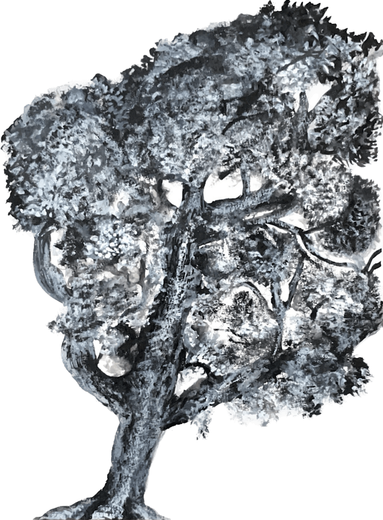 Black-and-white artwork of a large tree