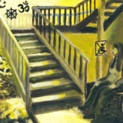Art in the color green depicting a women in a wheelchair looking at stairs