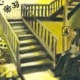 Art in the color green depicting a women in a wheelchair looking at stairs