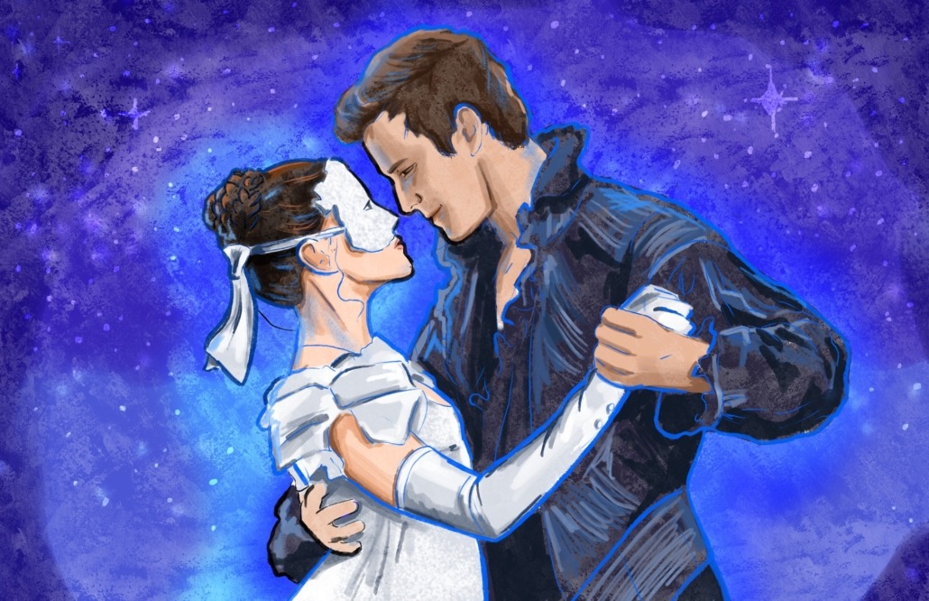 Benedict and Sophie Bridgerton dance together at the masquerade ball.