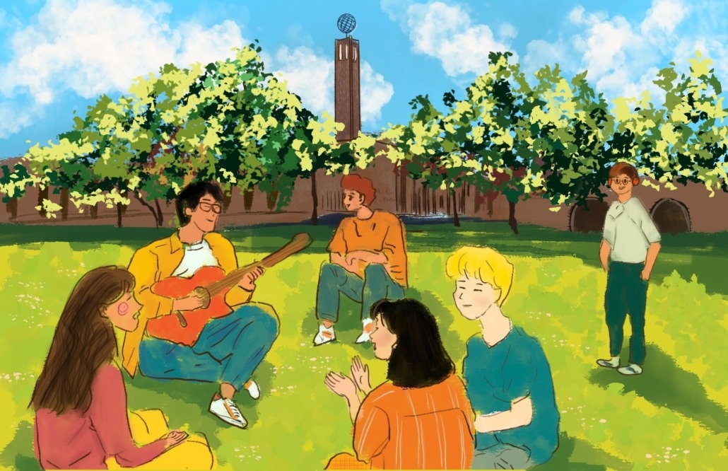 A drawing of students sitting on the grass in McCarthy Quad