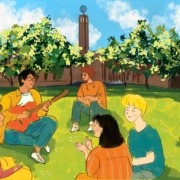 A drawing of students sitting on the grass in McCarthy Quad