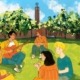 A drawing of students sitting on the grass in McCarthy Quad