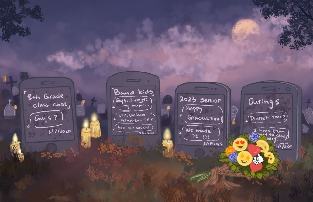 Four smartphones with group chats open in a graveyard
