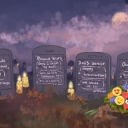 Four smartphones with group chats open in a graveyard
