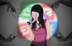 A woman staring at her phone and is being puppetted by social media companies