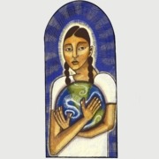 A fresco-like image of an immigrant woman holding the Earth