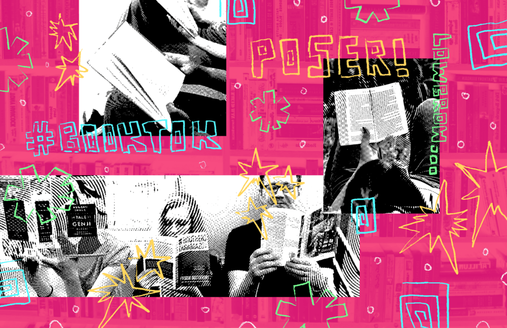 Collage of reading people with graffiti saying "poser" and other insults