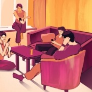 Art red and yellow with people texting