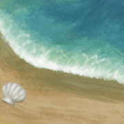 Artwork of a waves washing over a shore with a seashell
